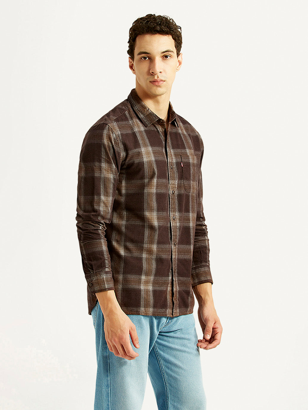 Men's Checkered Brown Slim Fit Corduroy Shirt - Side View