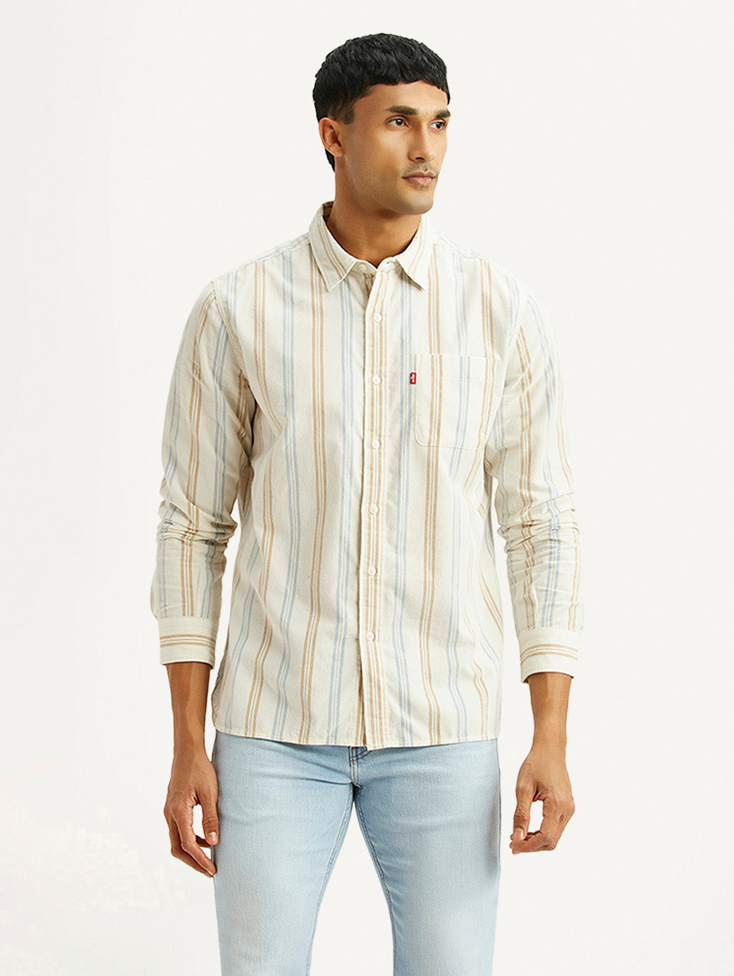 Men's Striped Multicolor Slim Fit Corduroy Shirt - Front View