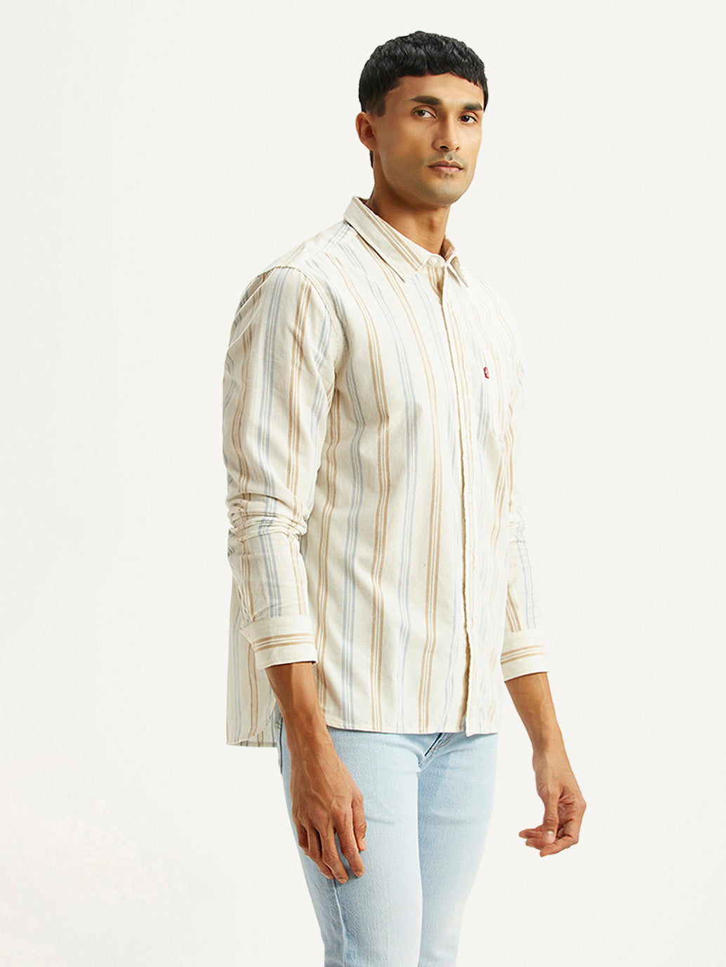 Men's Striped Multicolor Slim Fit Corduroy Shirt - Side View