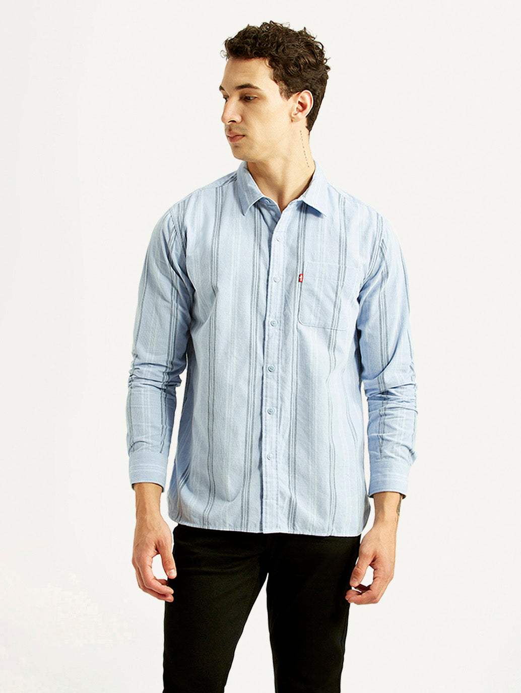 Men's Striped Light Blue Slim Fit Corduroy Shirt - Front View
