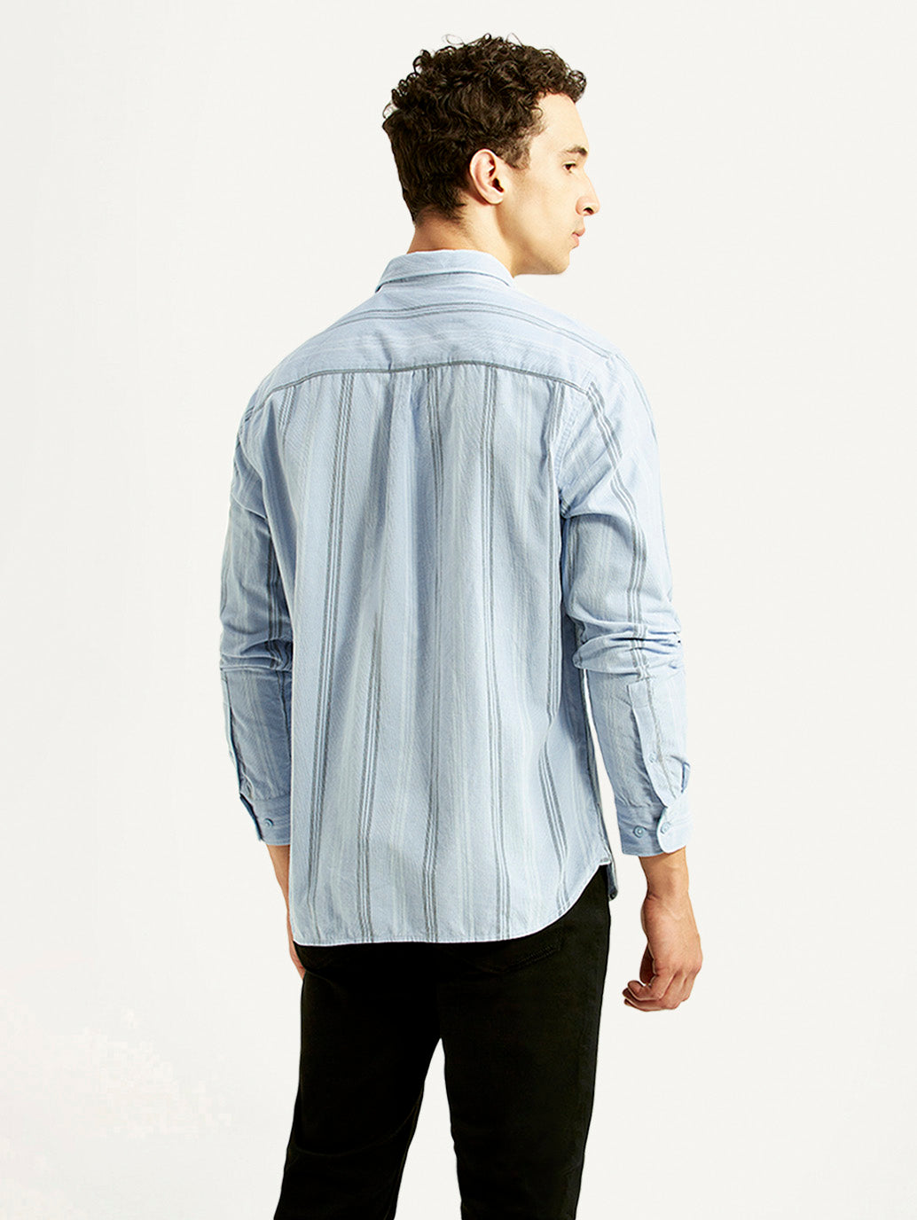 Men's Striped Light Blue Slim Fit Corduroy Shirt - Back View