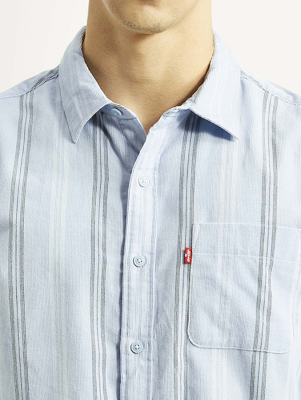 Men's Striped Light Blue Slim Fit Corduroy Shirt - Detail View
