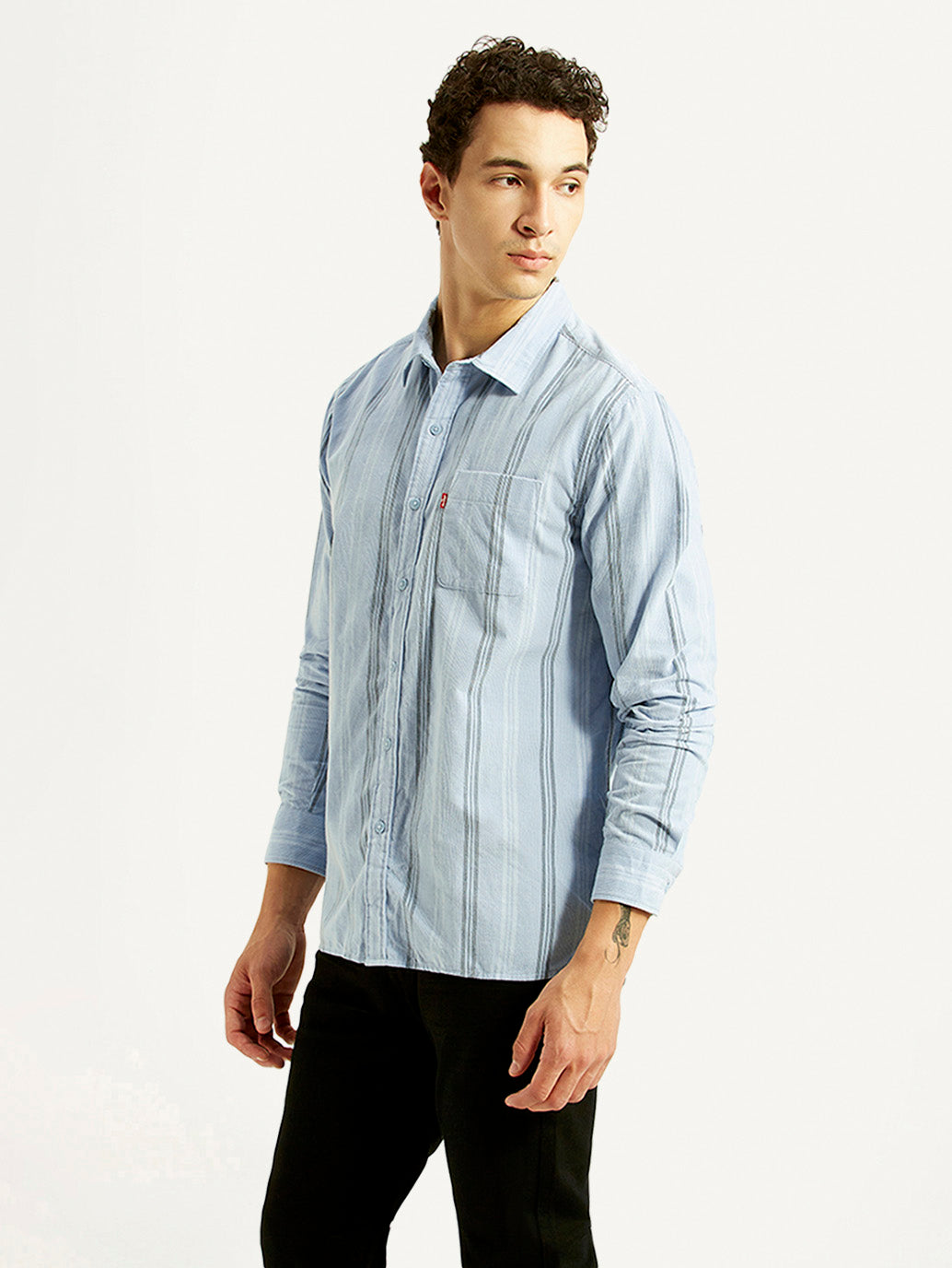 Men's Striped Light Blue Slim Fit Corduroy Shirt - Side View