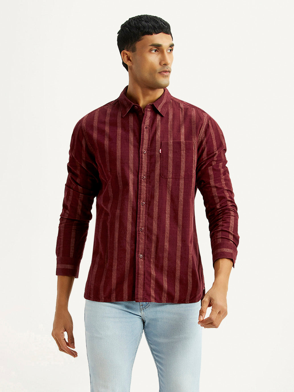 Men's Striped Maroon Slim Fit Corduroy Shirt - Styleshot View