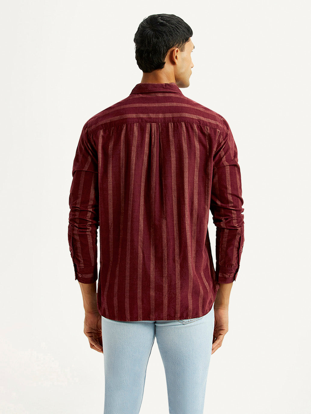 Men's Striped Maroon Slim Fit Corduroy Shirt - Back View