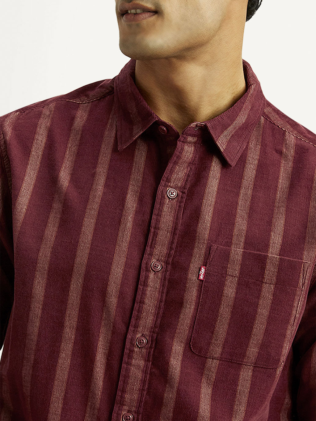 Men's Striped Maroon Slim Fit Corduroy Shirt - Detail View