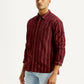 Men's Striped Maroon Slim Fit Corduroy Shirt - Side View