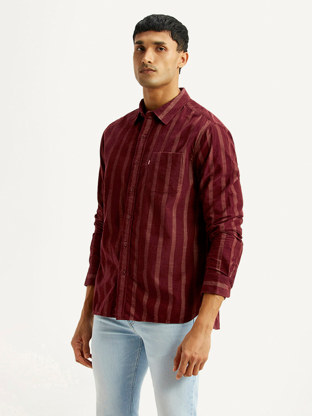 Men's Striped Maroon Slim Fit Corduroy Shirt - Side View