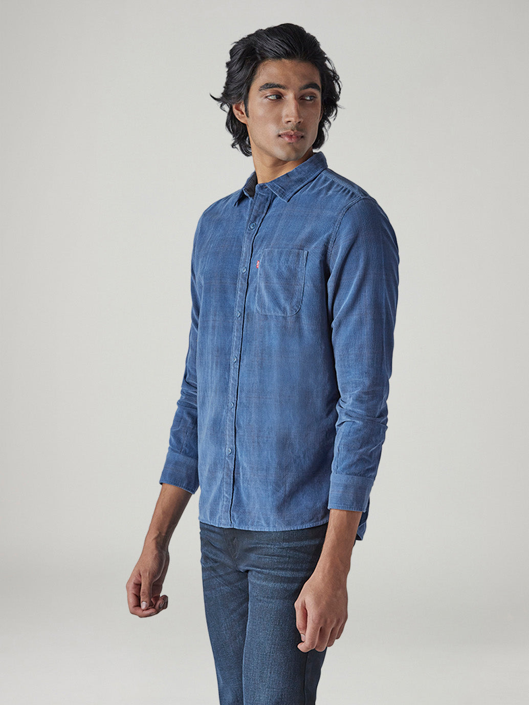 Men's Checkered Slim Fit Corduroy Shirt - Side View