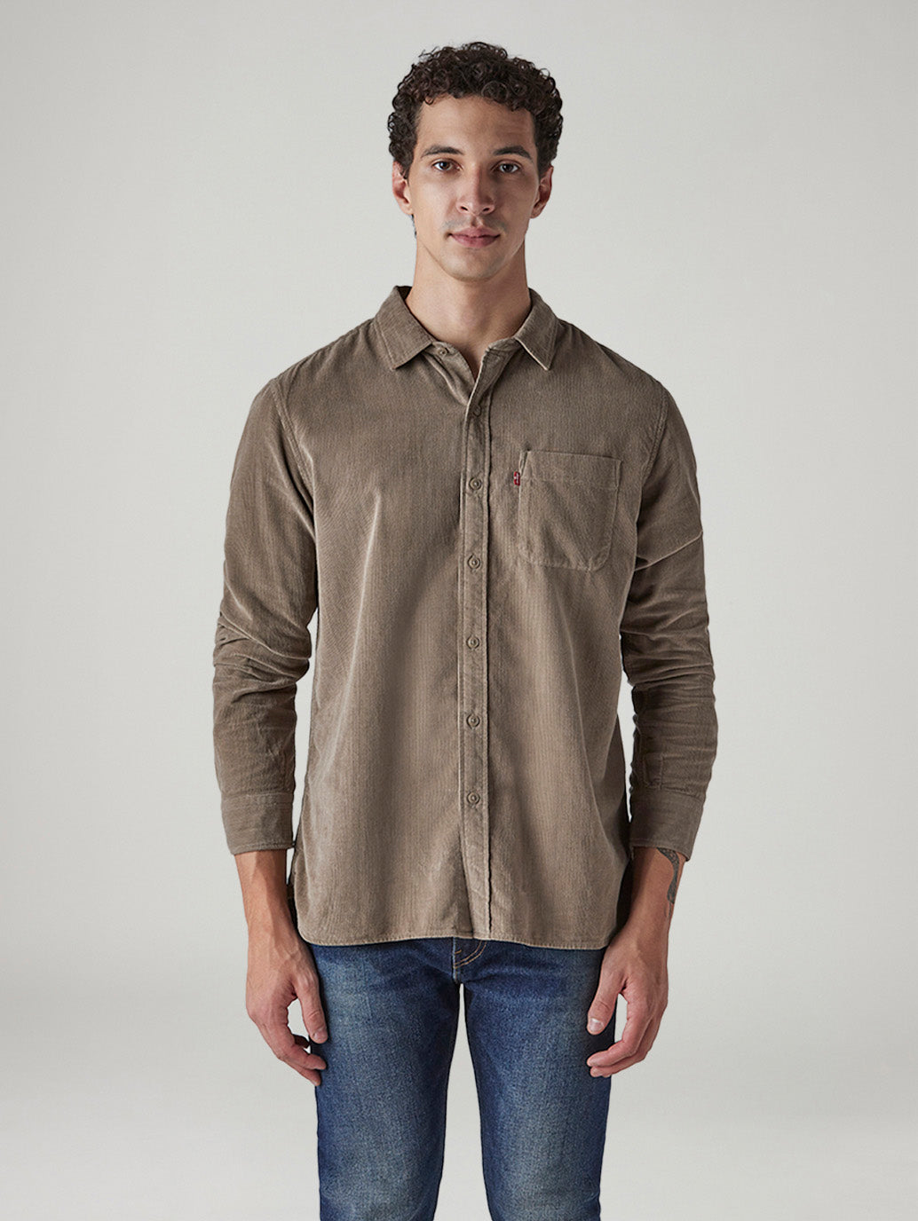 Men's Solid Slim Fit Corduroy Shirt - Front View