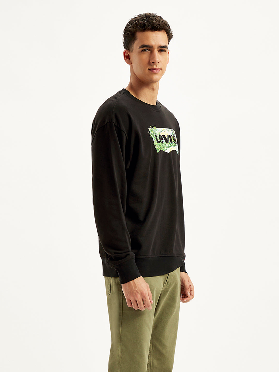 Men's Brand Logo Black Crew Neck Sweatshirt - Side View