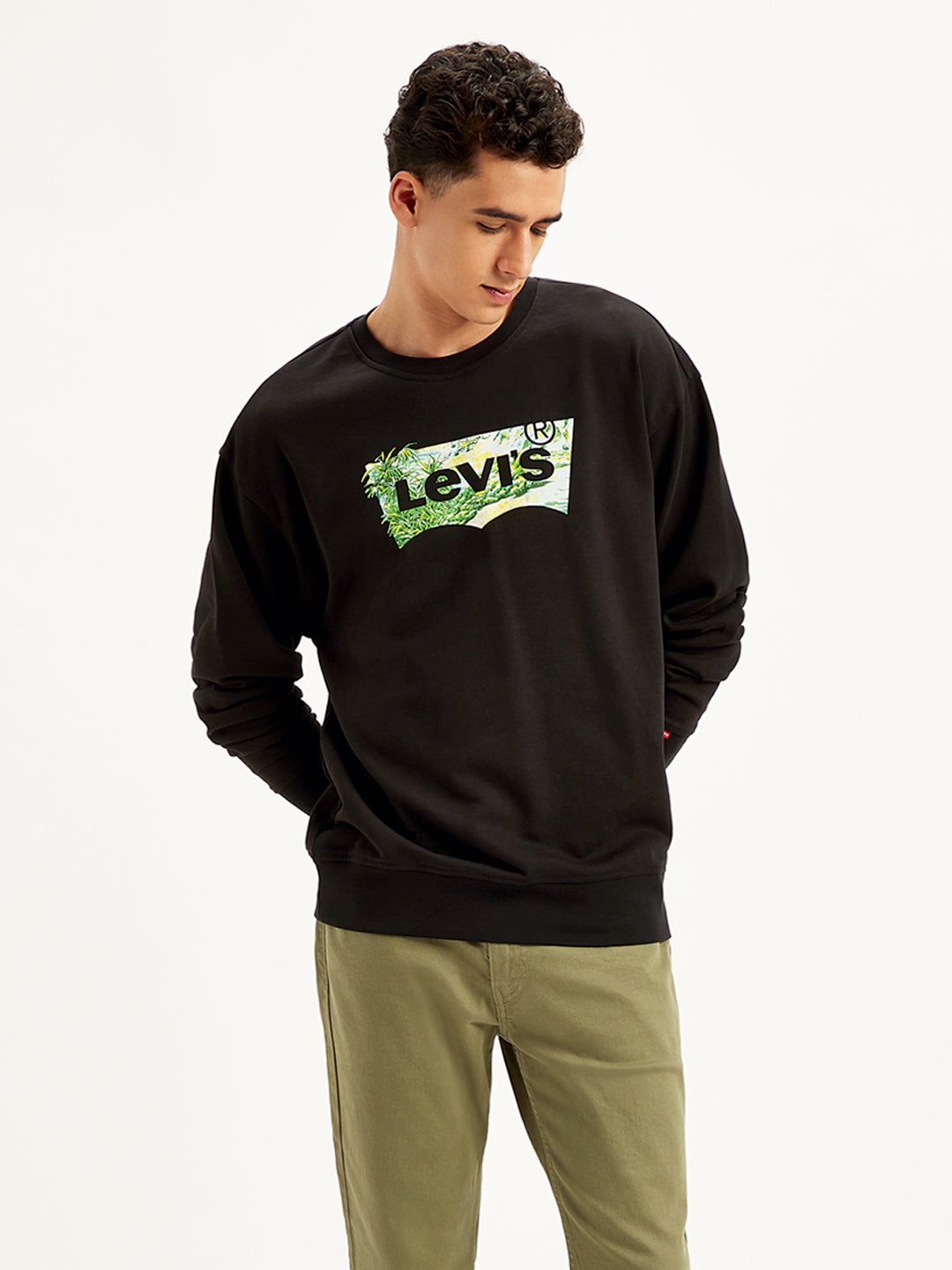 Men's Brand Logo Black Crew Neck Sweatshirt - Styleshot View