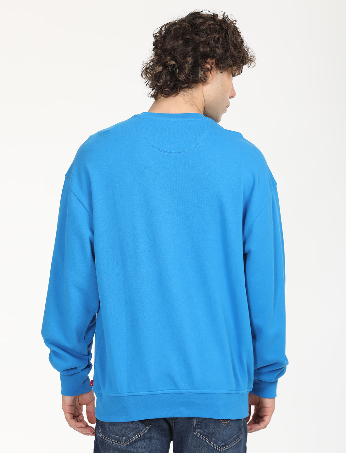 Men's Solid Dark Blue Crew Neck Sweatshirt - Back View