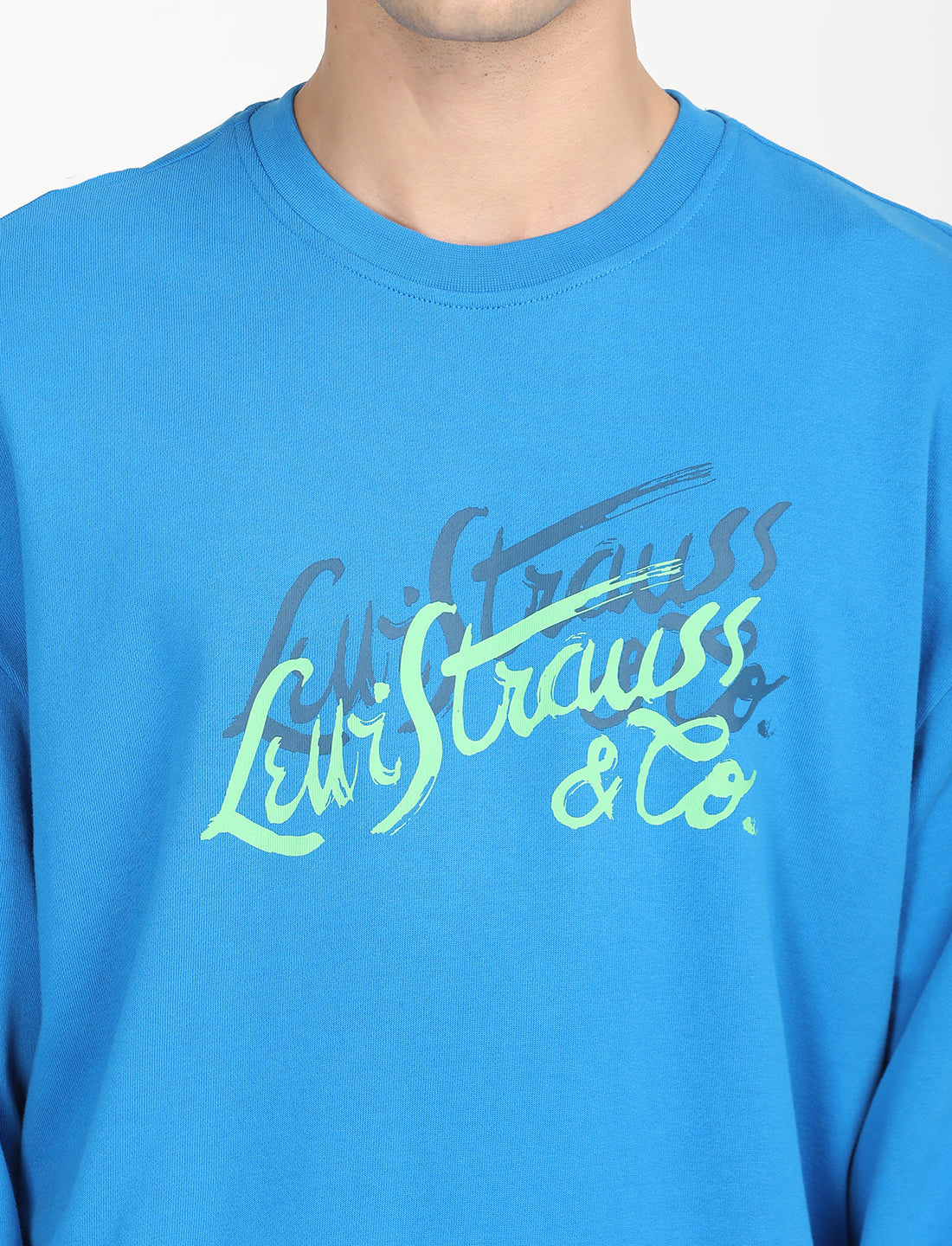Men's Solid Dark Blue Crew Neck Sweatshirt - Detail View