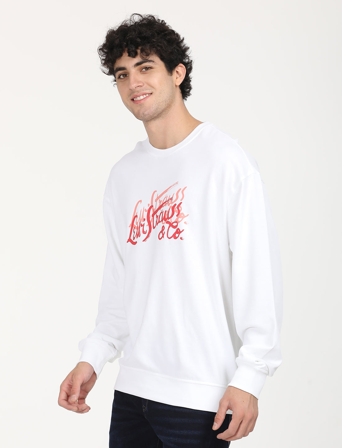 Men's Solid White Crew Neck Sweatshirt - Side View