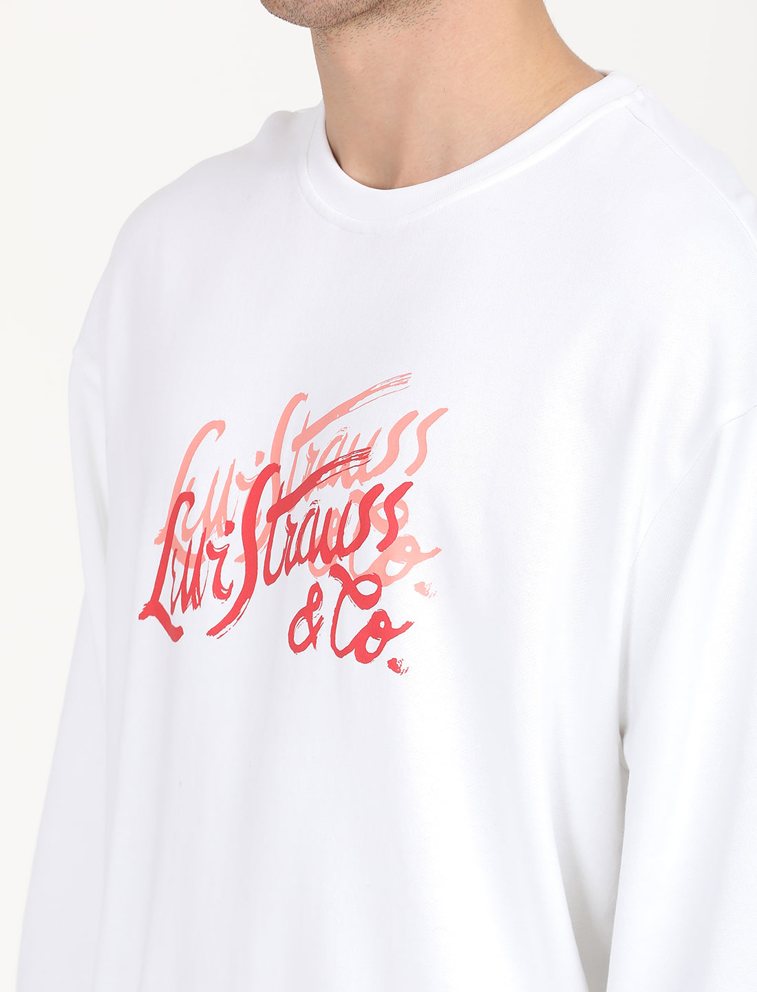 Men's Solid White Crew Neck Sweatshirt - Deatil View
