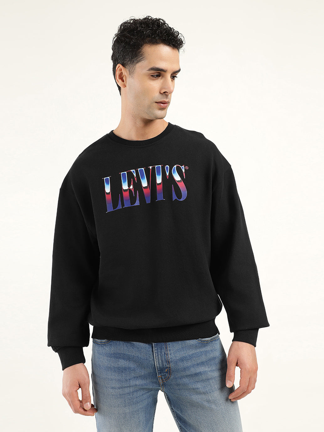 Men's Solid Black Crew Neck Sweatshirt - Front View
