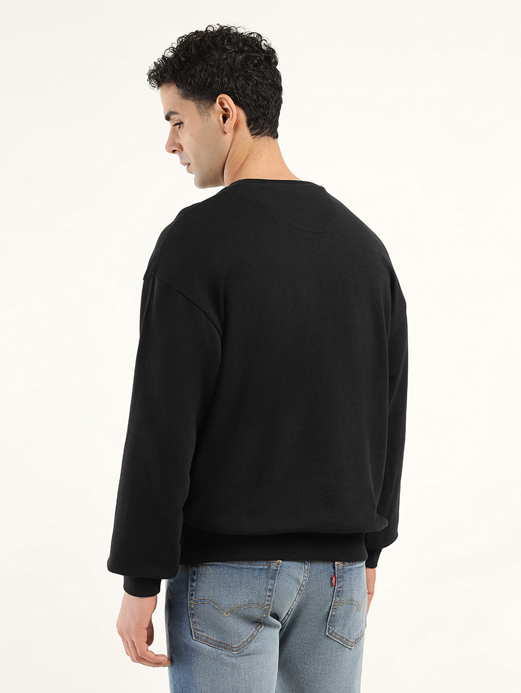 Men's Solid Black Crew Neck Sweatshirt - Back View