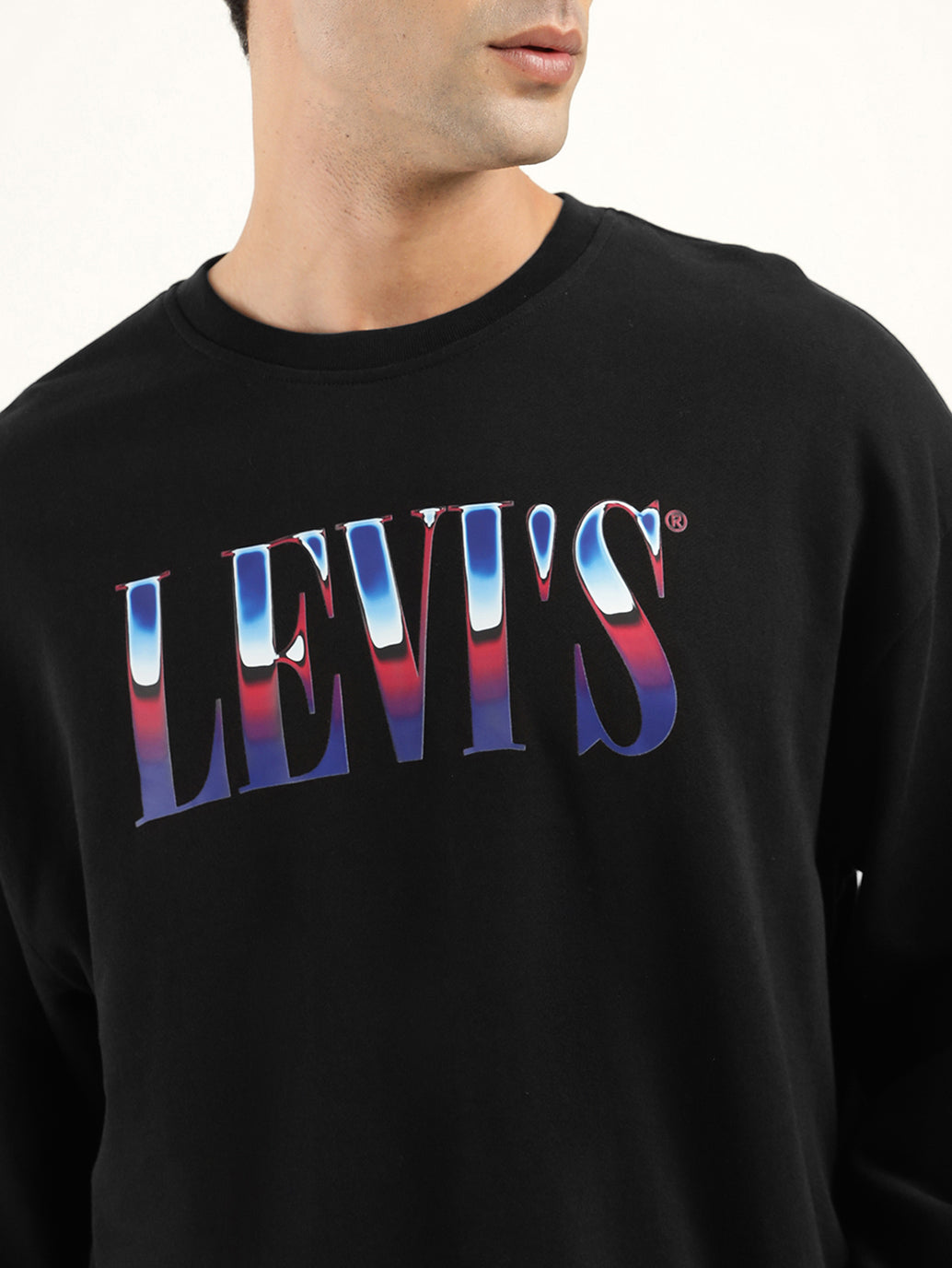 Men's Solid Black Crew Neck Sweatshirt - Detail View