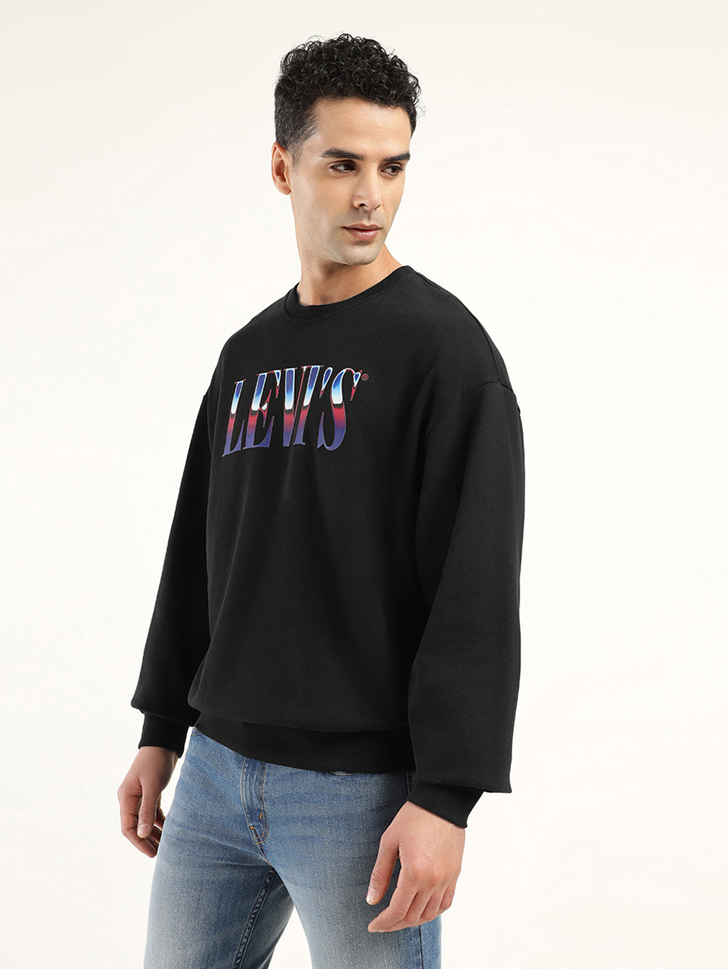 Men's Solid Black Crew Neck Sweatshirt - Side View