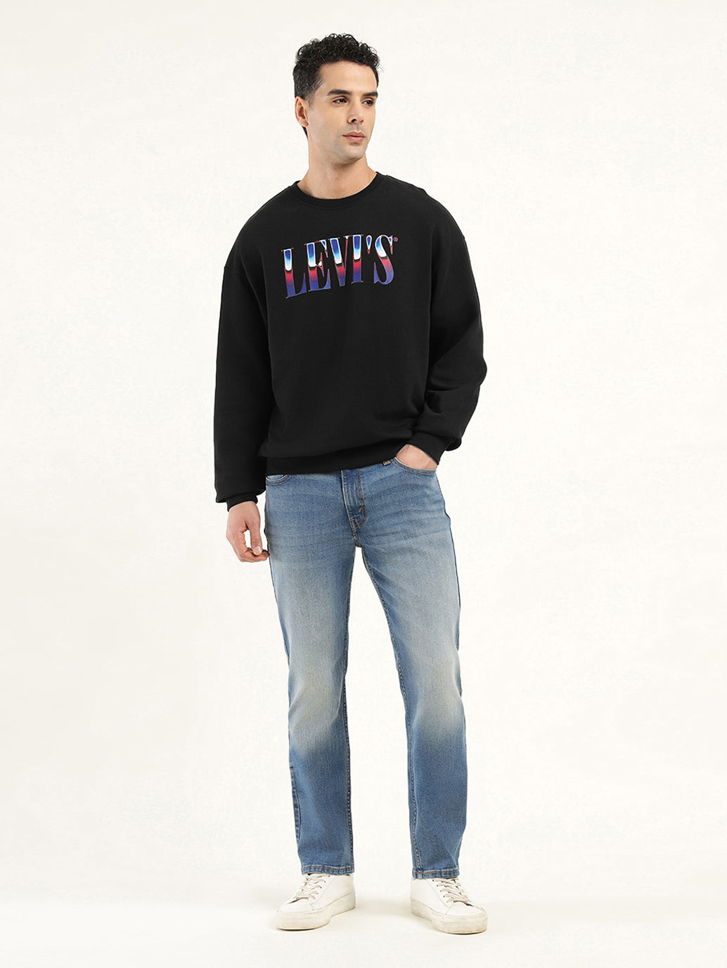 Men's Solid Black Crew Neck Sweatshirt - ModelFront View