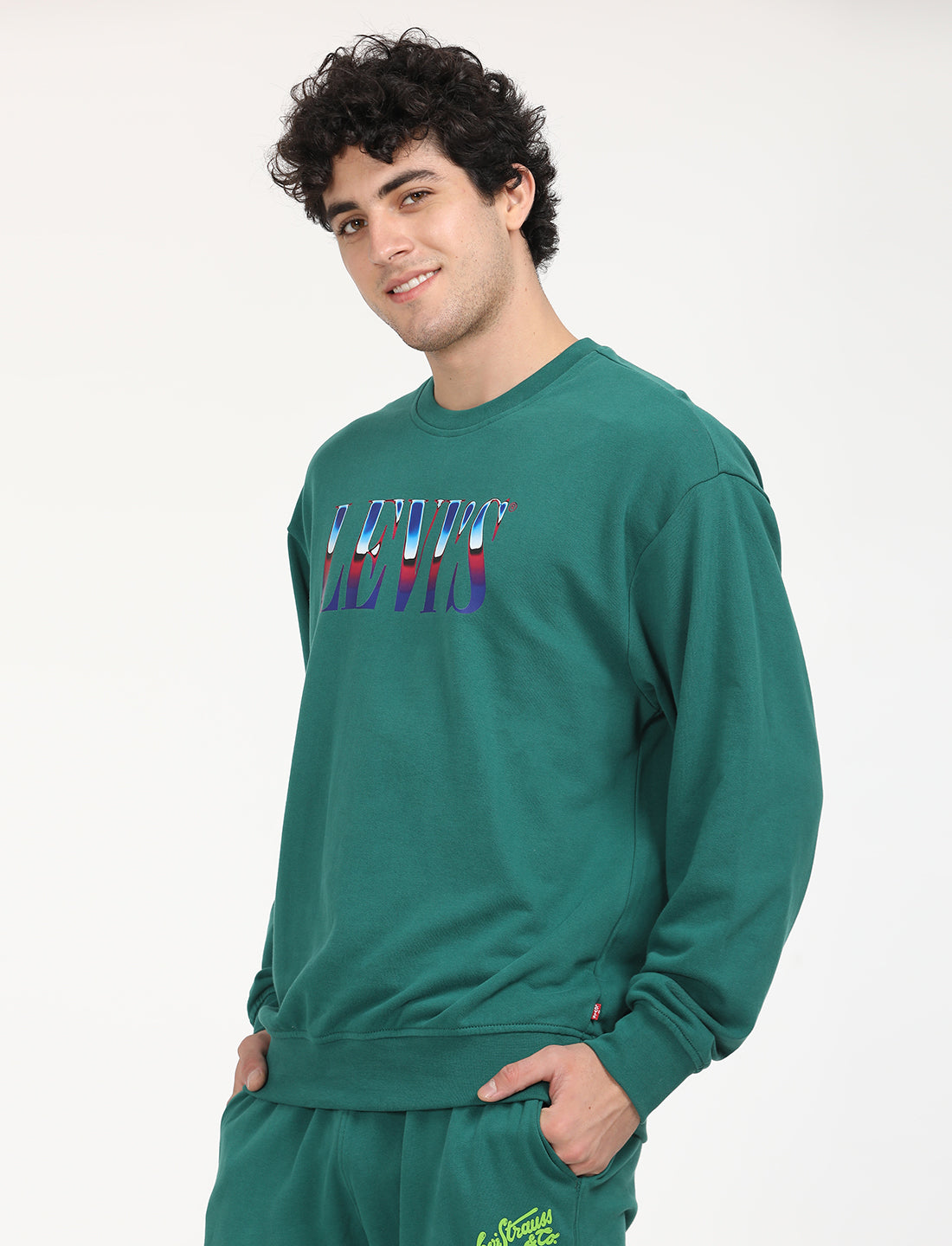 Men's Solid Green Crew Neck Sweatshirt - Side View