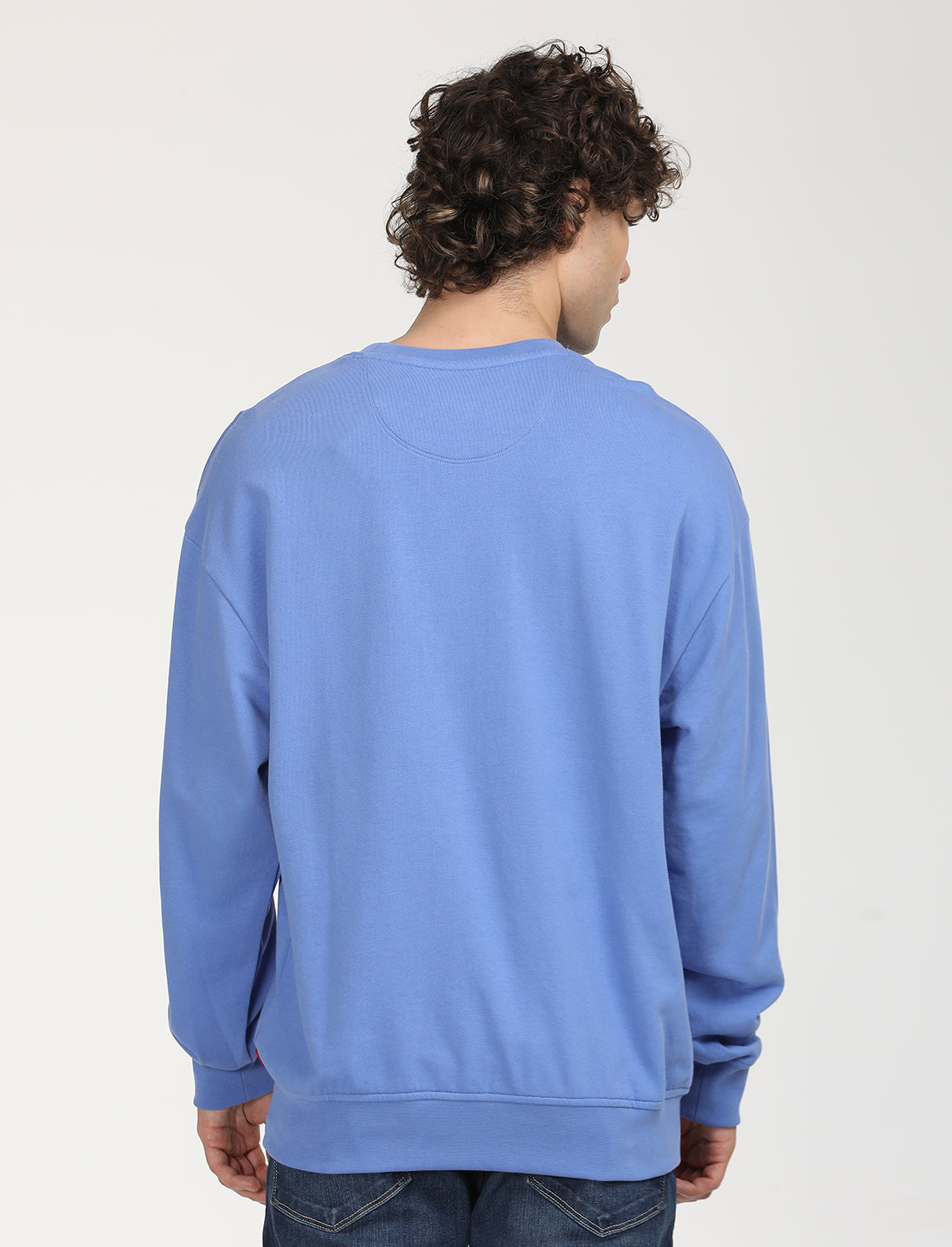 Men's Solid Blue Crew Neck Sweatshirt - Back View