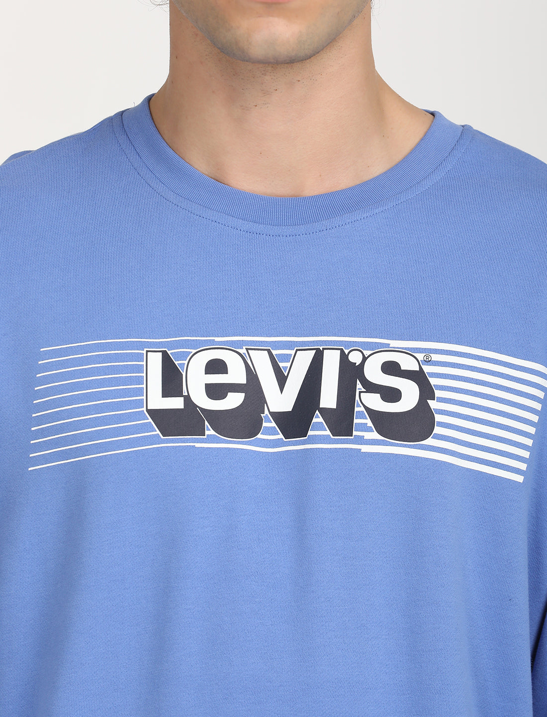 Men's Solid Blue Crew Neck Sweatshirt - Detail View