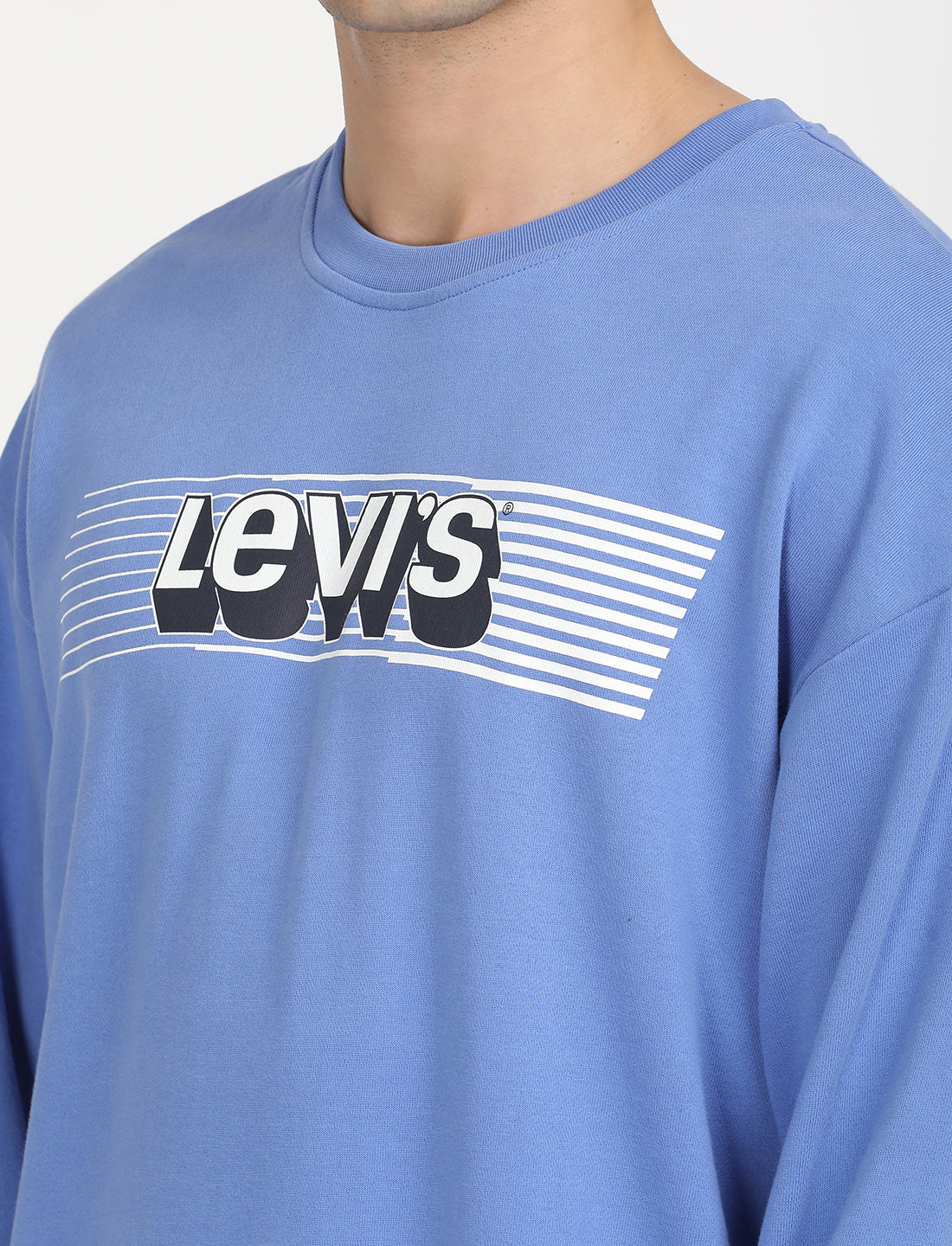 Men's Solid Blue Crew Neck Sweatshirt - Detail View