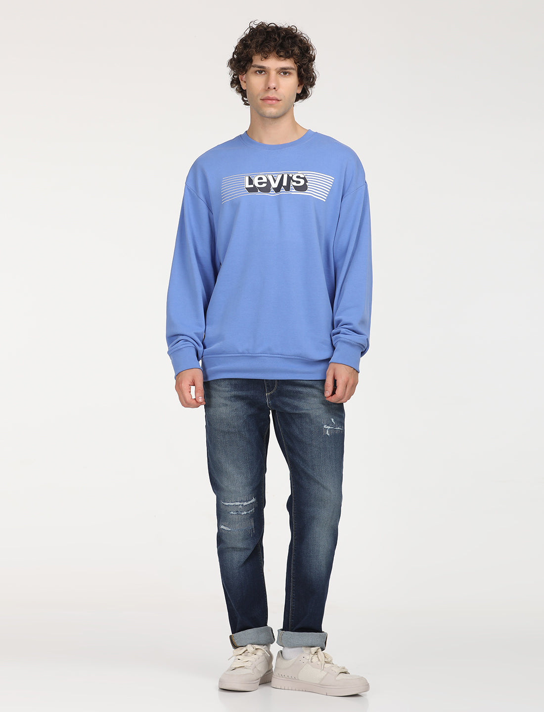 Men's Solid Blue Crew Neck Sweatshirt - 6 View