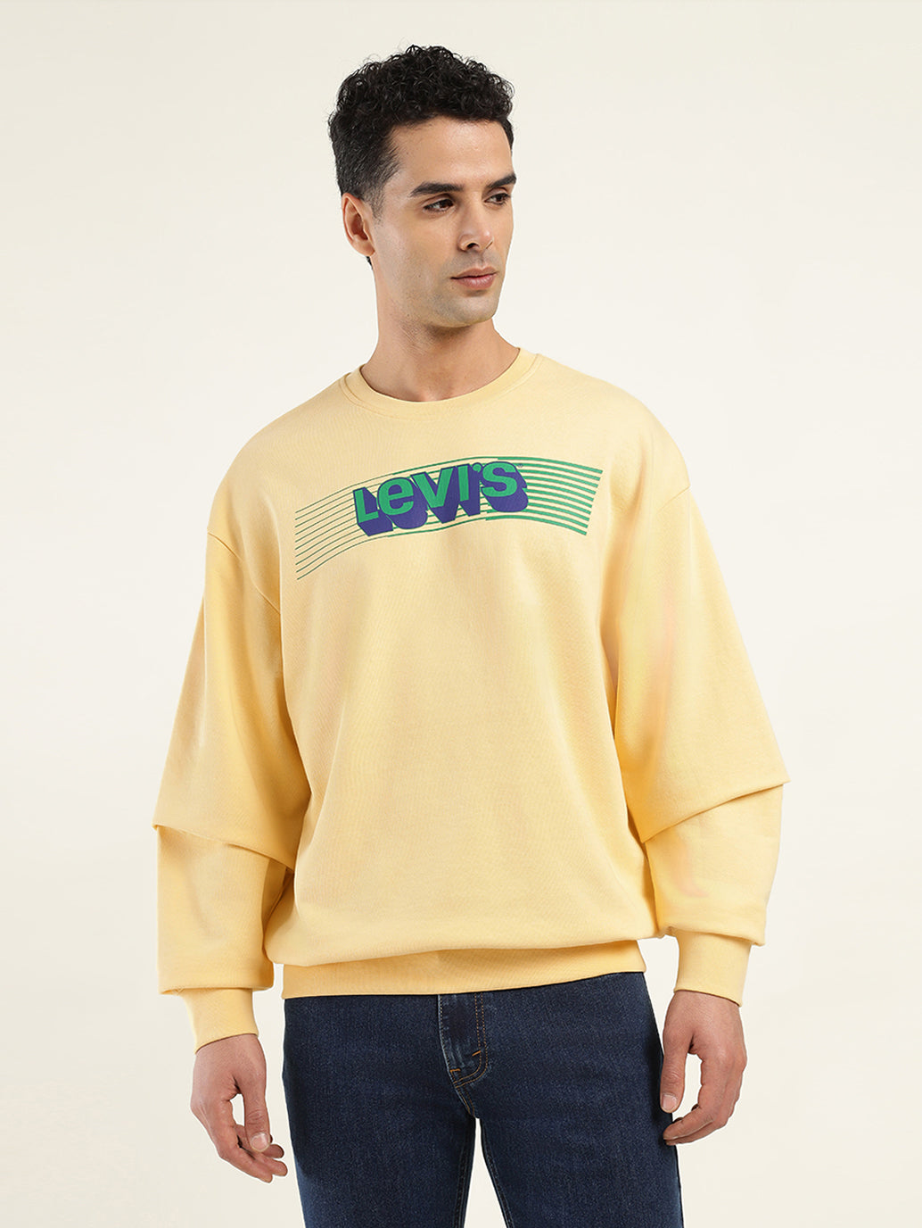 Men's Solid Yellow Crew Neck Sweatshirt - Front View