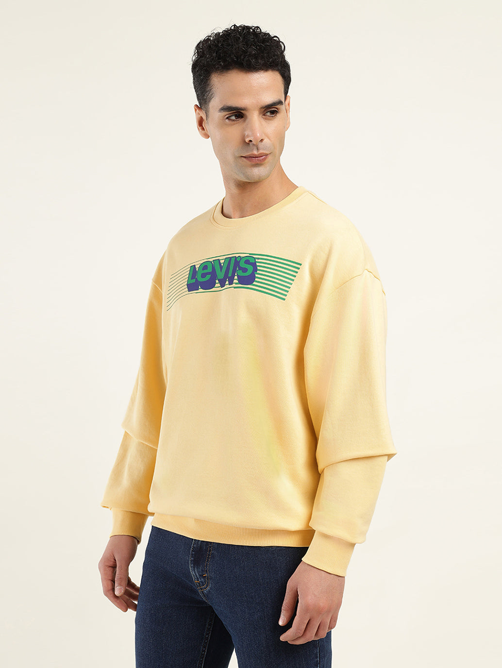 Men's Solid Yellow Crew Neck Sweatshirt - Side View