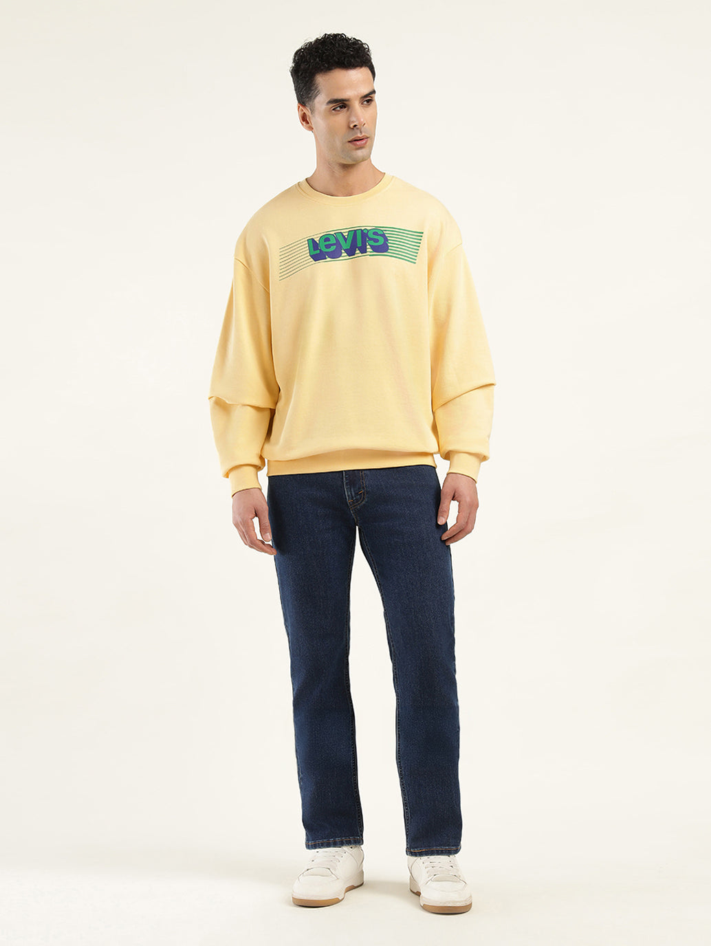 Men's Solid Yellow Crew Neck Sweatshirt - ModelFront View