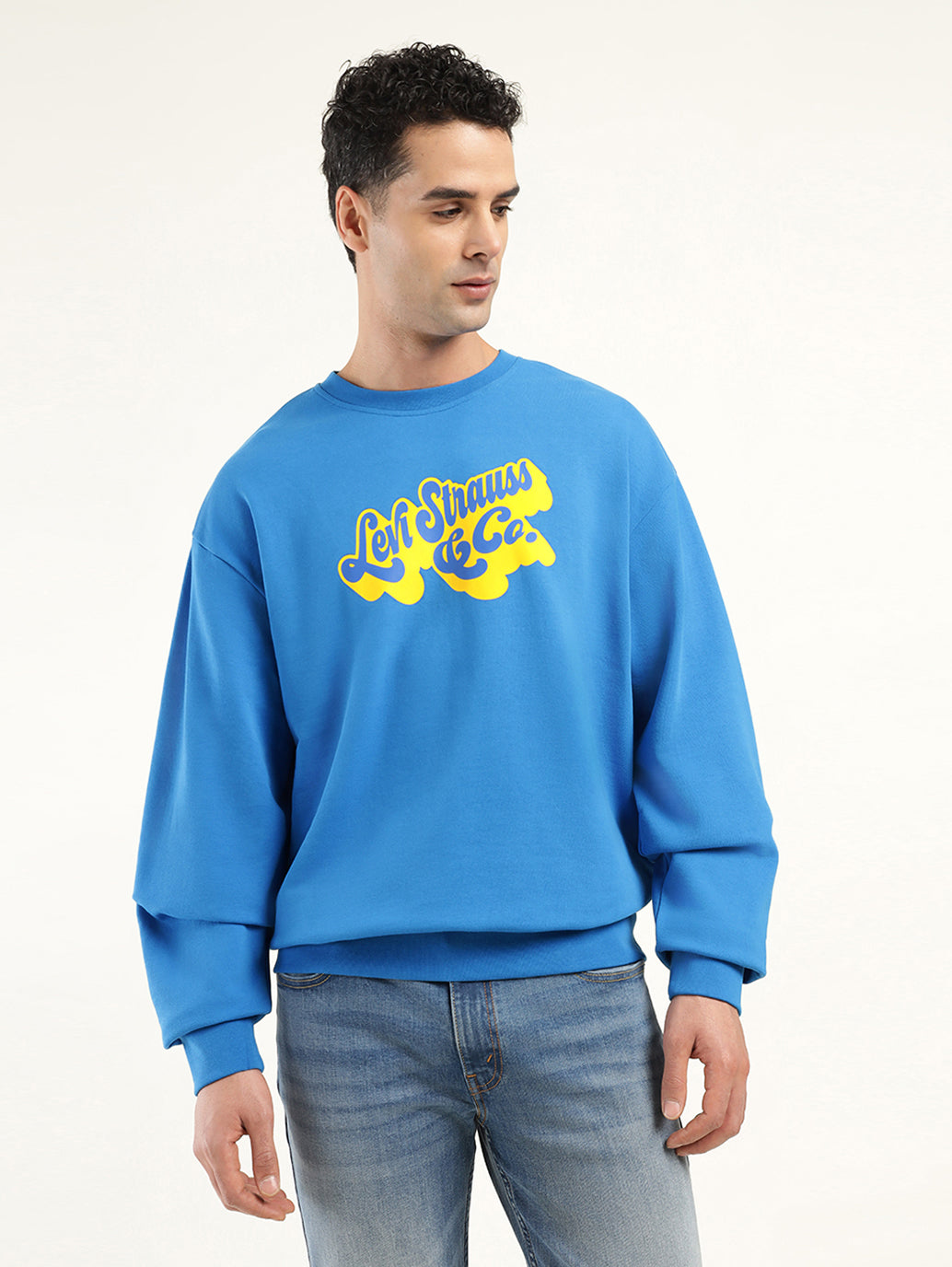 Men's Solid Dark Blue Crew Neck Sweatshirt - Front View