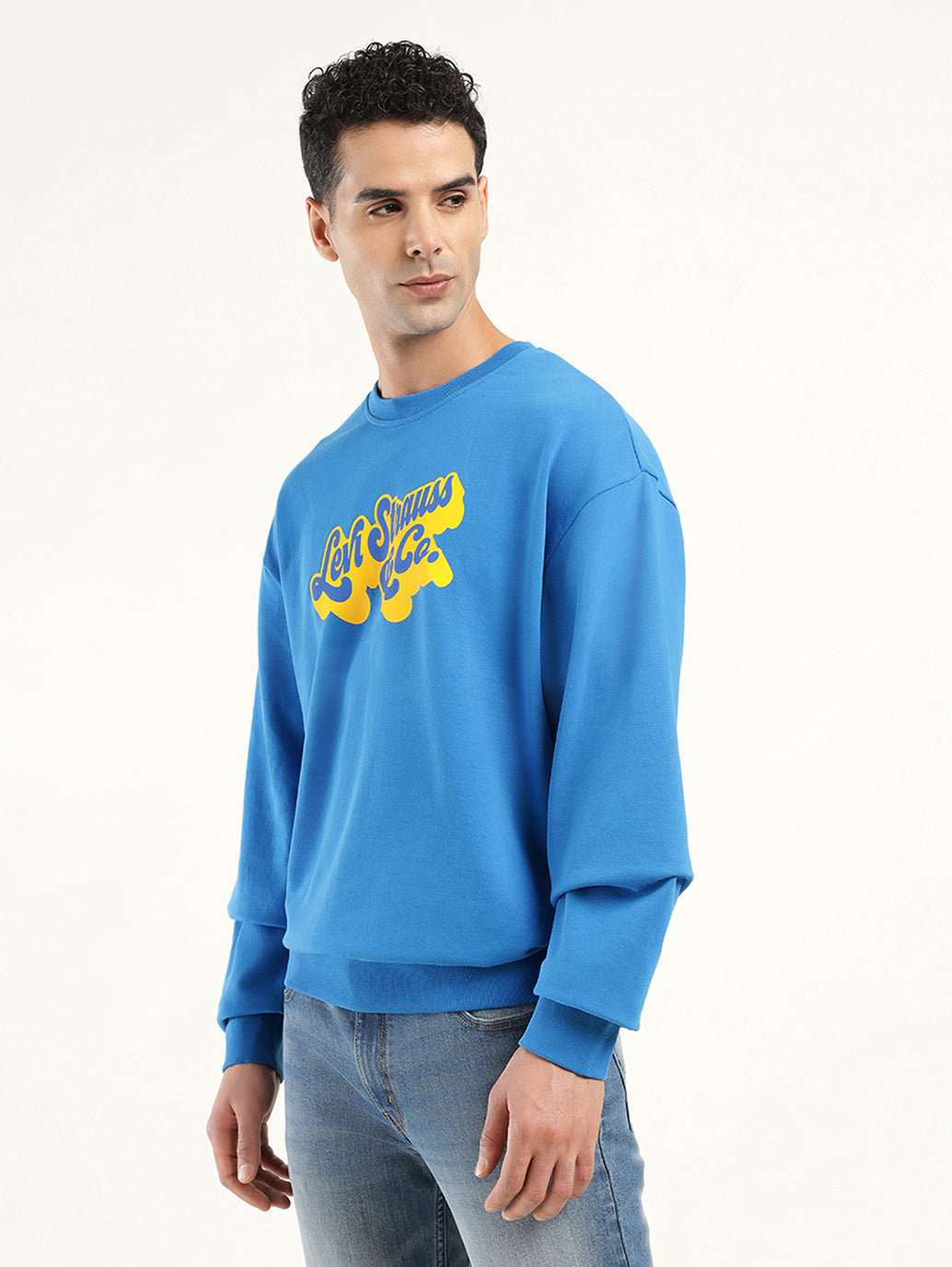 Men's Solid Dark Blue Crew Neck Sweatshirt - Side View