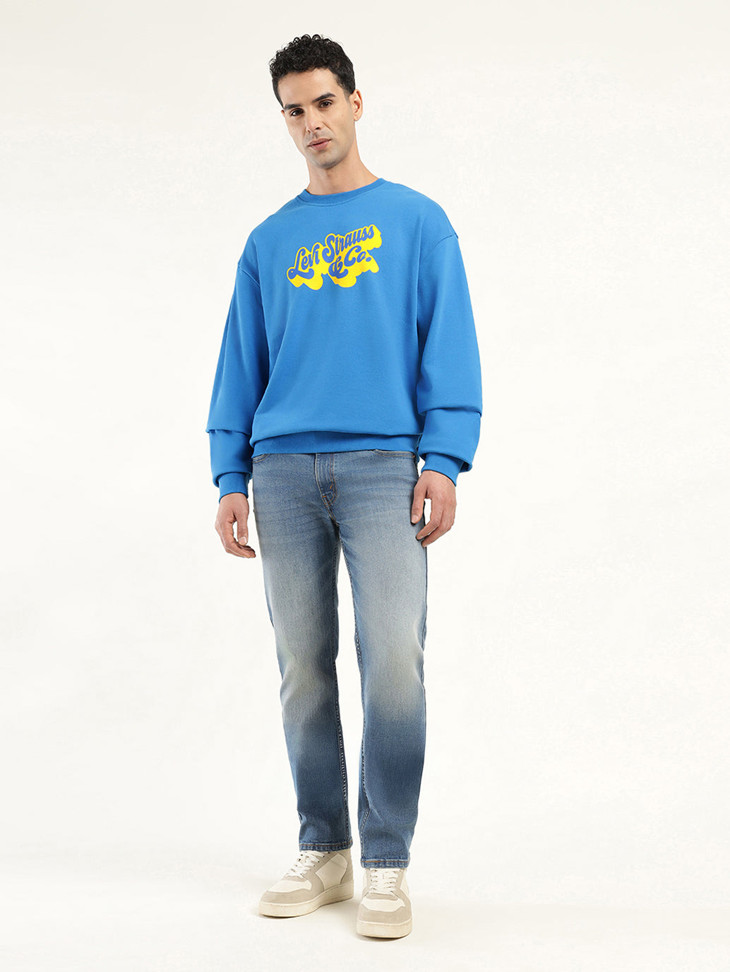 Men's Solid Dark Blue Crew Neck Sweatshirt - ModelFront View