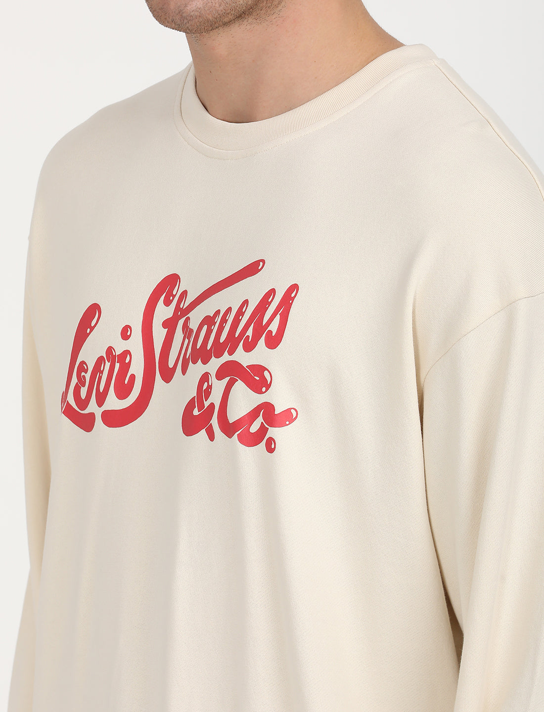 Men's Solid Beige Crew Neck Sweatshirt - Deatil View