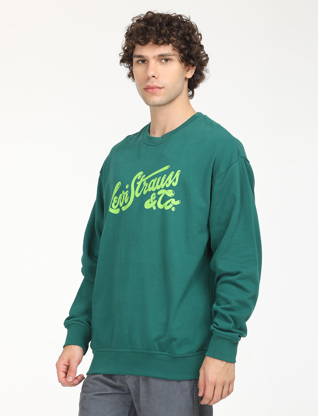 Men's Solid Green Crew Neck Sweatshirt - RightSide View