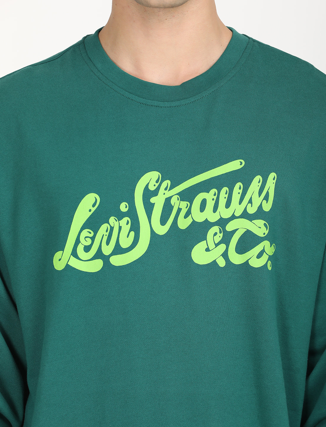 Men's Solid Green Crew Neck Sweatshirt - Detail View