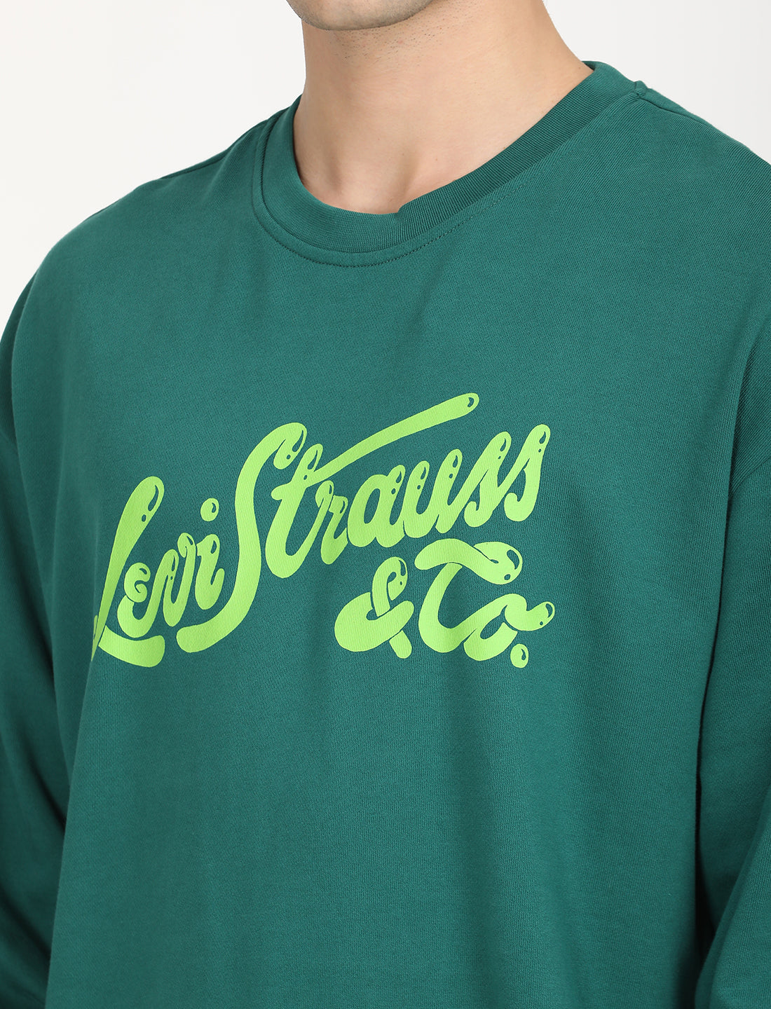 Men's Solid Green Crew Neck Sweatshirt - Detail View