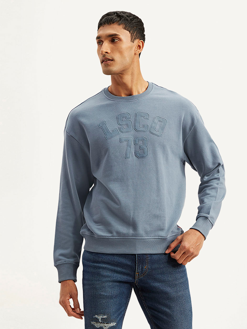 Men's Typographic Blue Crew Neck Sweatshirt - 72be9b86-b65b-48ec-95bd-b0c60bcc20f2 View