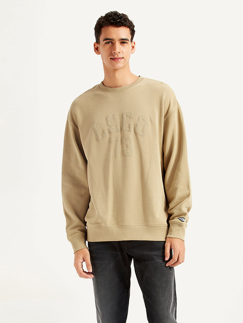 Men's Typographic Beige Crew Neck Sweatshirt - Front View