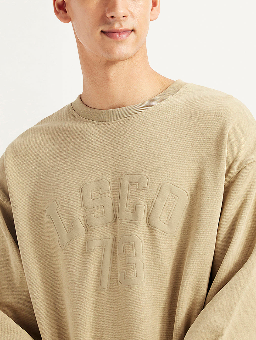 Men's Typographic Beige Crew Neck Sweatshirt - Detail View