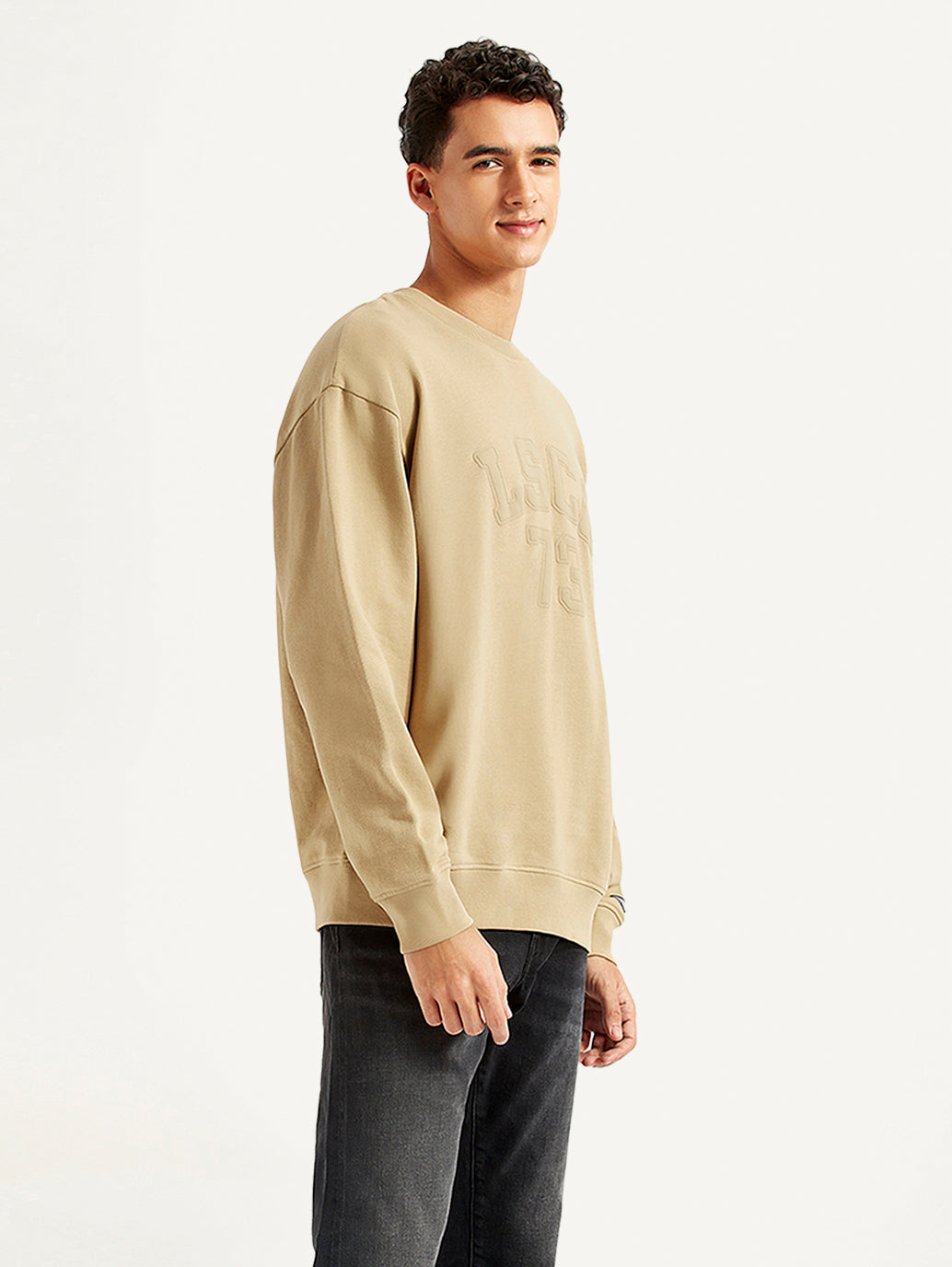 Men's Typographic Beige Crew Neck Sweatshirt - Side View