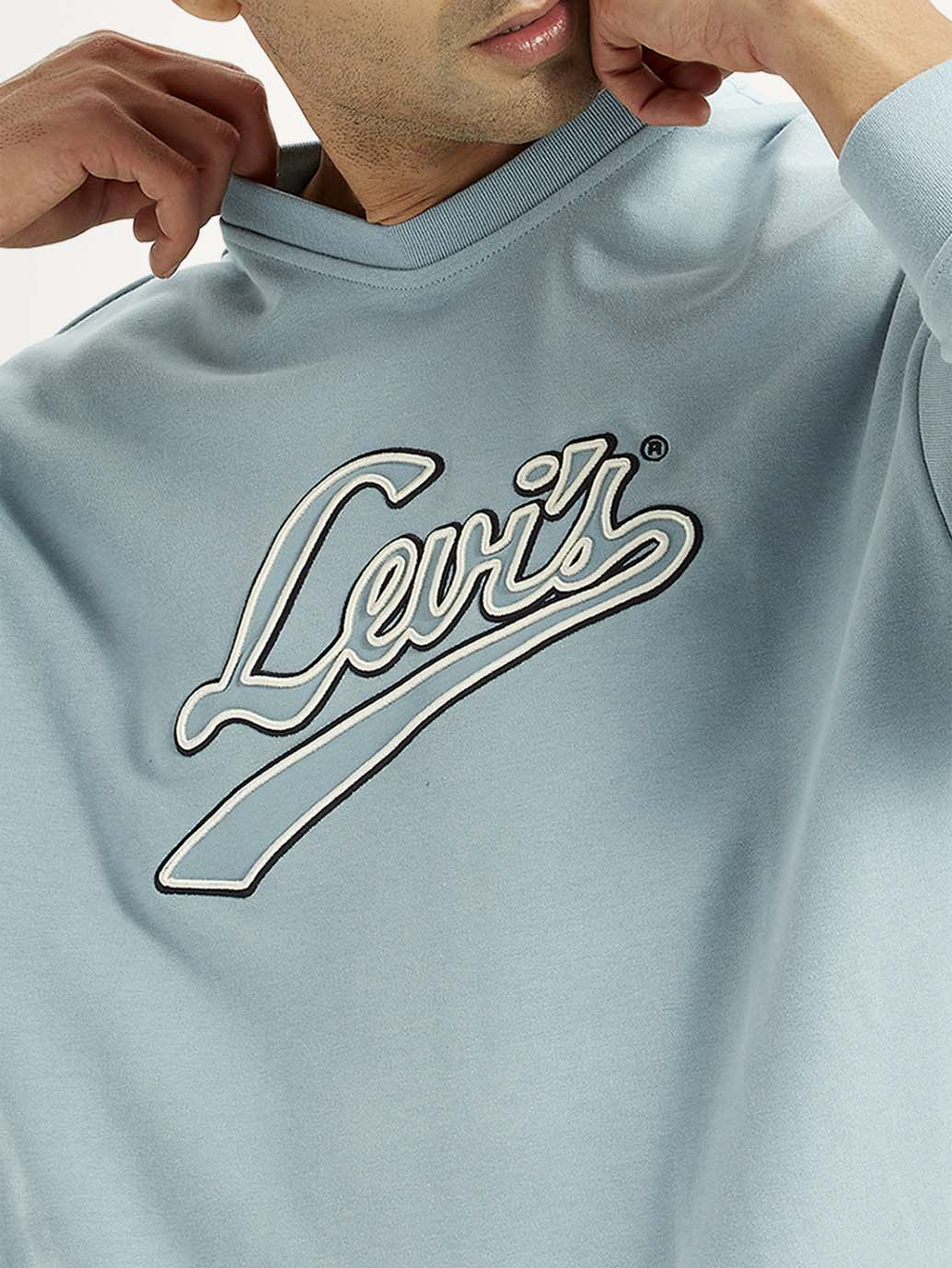 Men's Brand Logo Light Blue Crew Neck Sweatshirt - Detail View