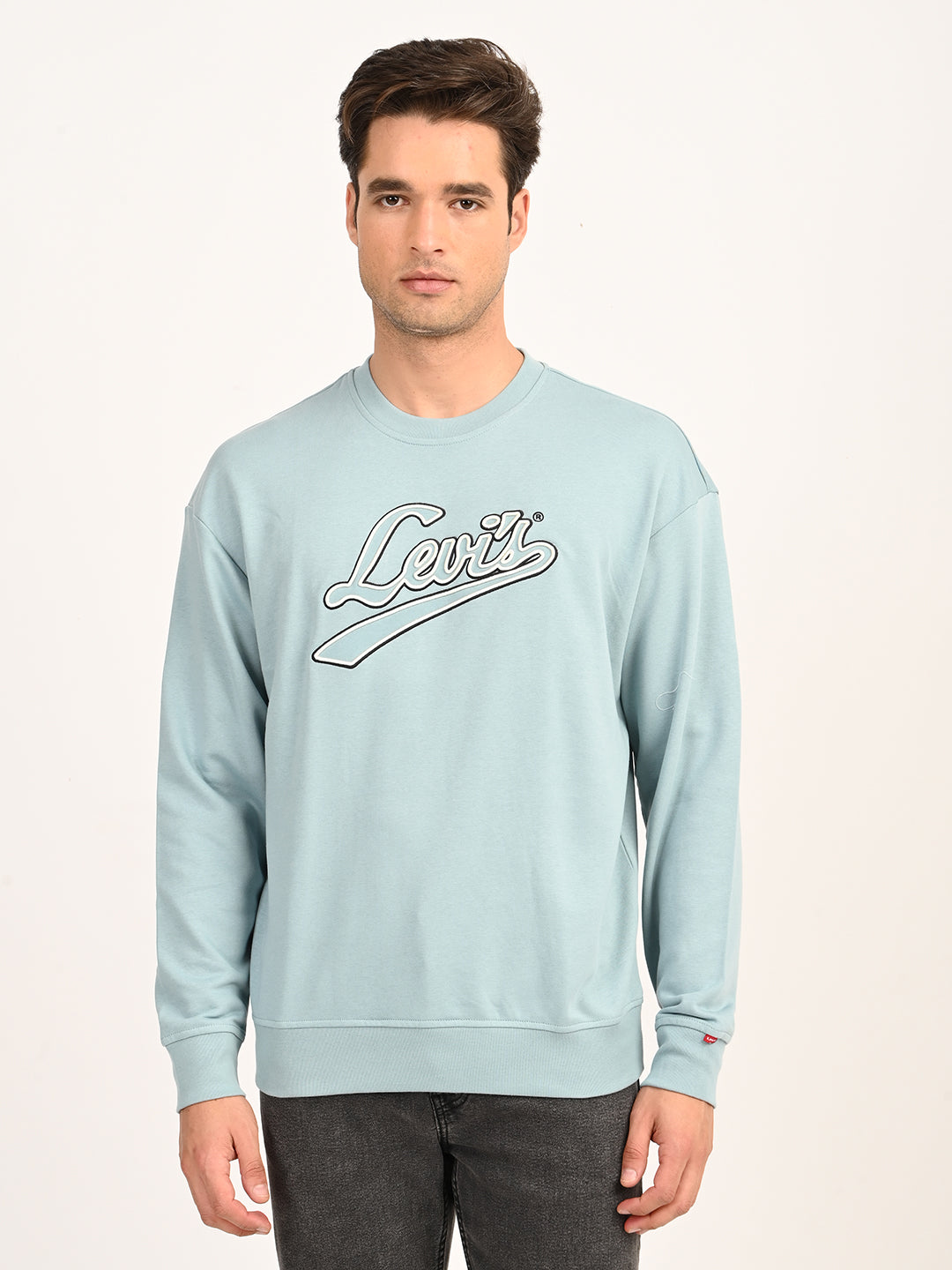 Men's Brand Logo Light Blue Crew Neck Sweatshirt - front View