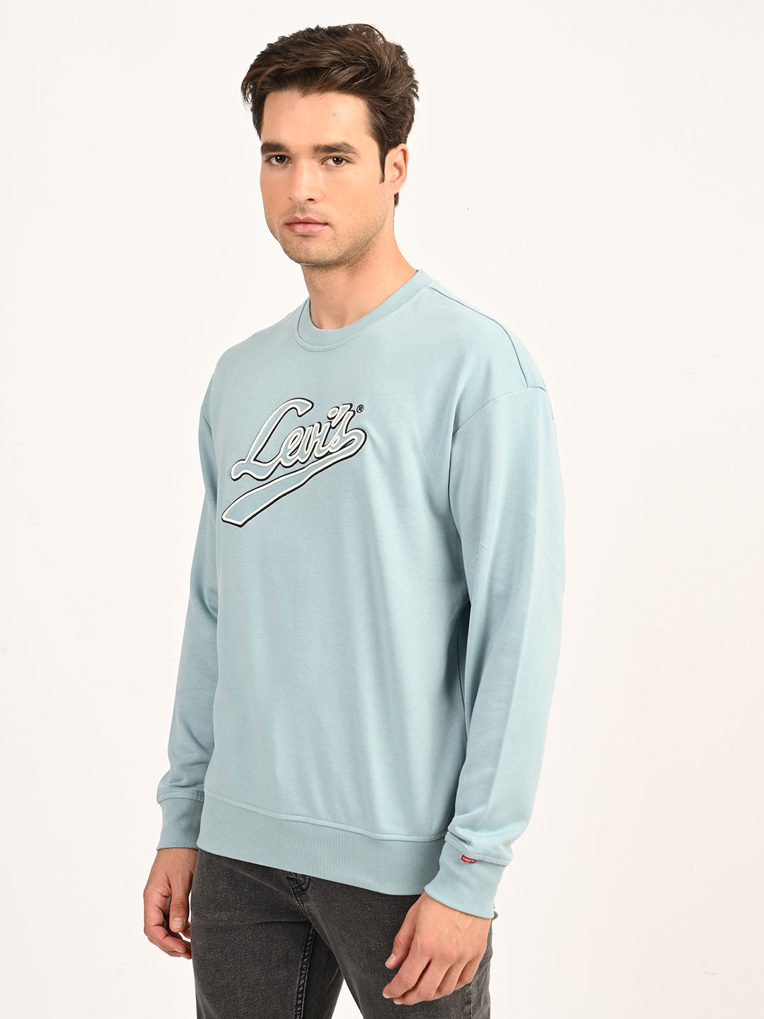 Men's Brand Logo Light Blue Crew Neck Sweatshirt - side View