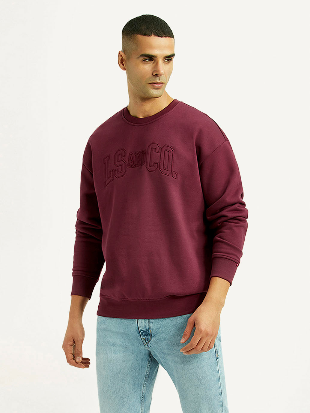 Men's Embroidered Maroon Crew Neck Sweatshirt