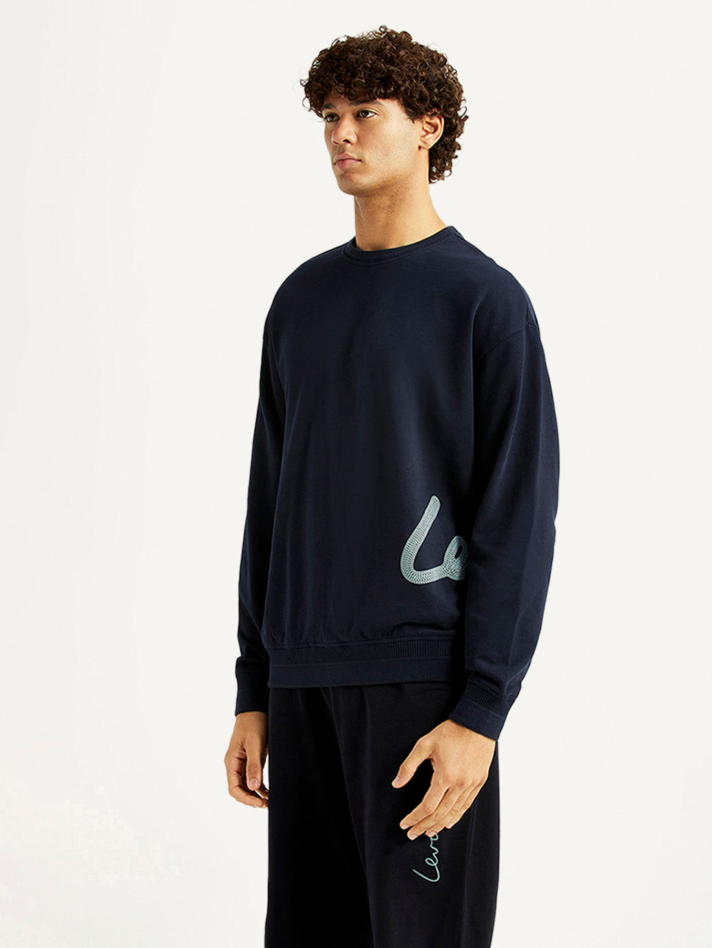 Men's Graphic Print Navy Crew Neck Sweatshirt - Side View