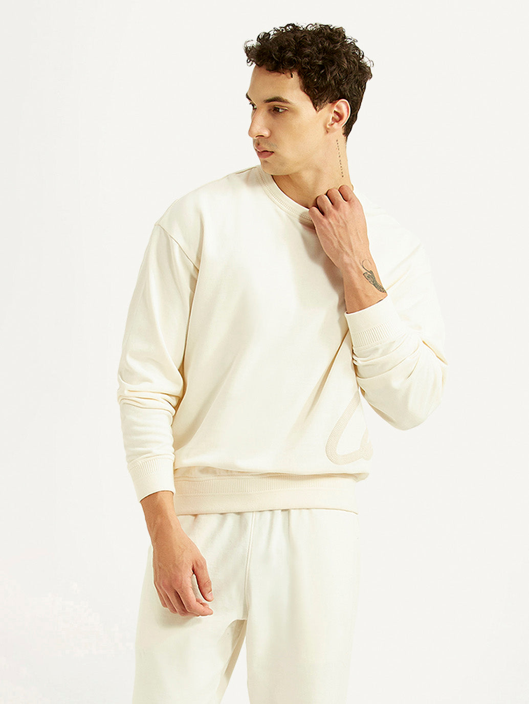 Men's Solid Off White Crew Neck Sweatshirt